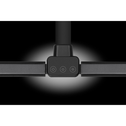 Tischleuchte mit Doppelkopf und Bedienfeld für Lichtregelung auf schwarzem Hintergrund.