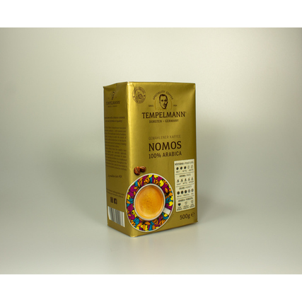 Verpackung einer 500g Tüte TEMPELMANN Kaffee Nomos mit einem bunten Kaffeetassenmotiv.