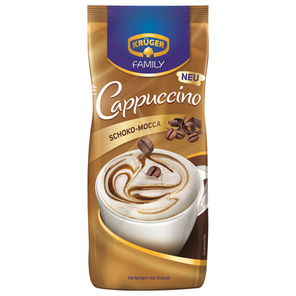 Tüte mit Cappuccino Schoko-Mokka-Mischung, abgebildet auf einem beige Hintergrund.