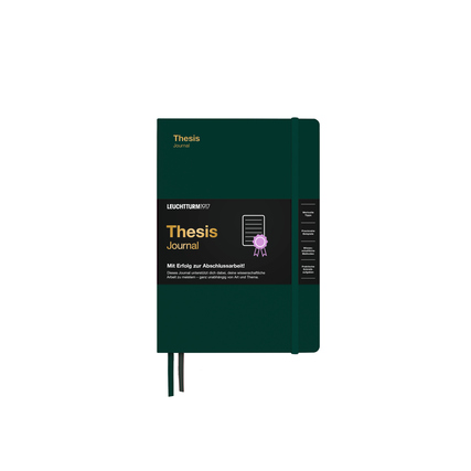 Grünes Notizbuch mit schwarzem Umschlag und Aufschrift "Thesis Journal" in Seitenansicht.