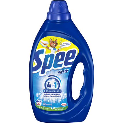 Blaues Waschmittel in einer Kunststoffflasche mit Dosierhilfe und einem gelben Deckel.