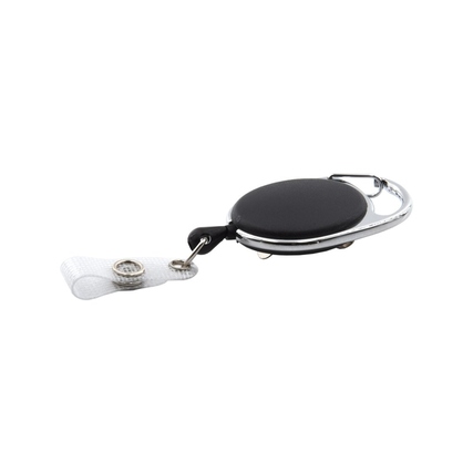 Schwarzer Jojo-Ausweishalter mit Karabiner und transparentem Befestigungsband.