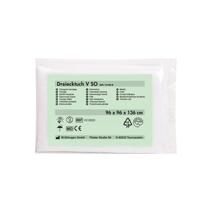 Dreiecktuch in Folienbeutel, weiß, mit Produktinformationen auf der Vorderseite.