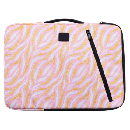 Laptophülle mit buntem Muster, seitlicher Reißverschluss und Traggriff.