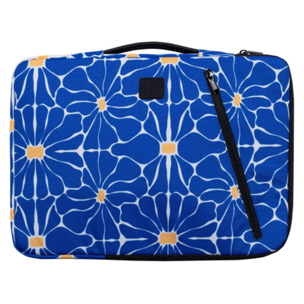 Blaue Laptophülle mit floralen Mustern und einem seitlichen Reißverschluss.
