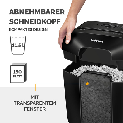 Aktenvernichter mit abnehmbaren Schneidkopf und transparentem Fenster, handgehalten im Einsatz.