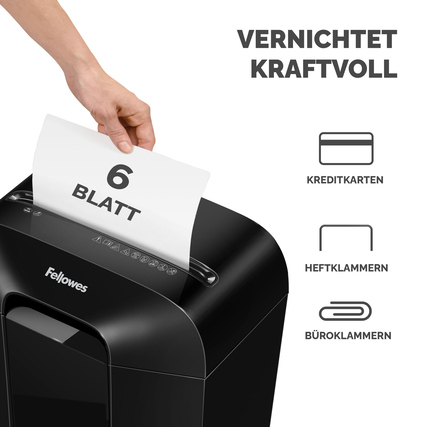 Aktenvernichter vernichtet Papier, Kreditkarten und Büroklammern, zeigt Blattanzahl und Symbole.