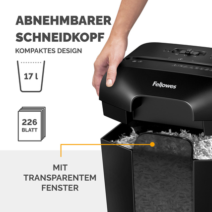 Aktenvernichter mit abnehmbarem Schneidkopf, 17 l Behälter und transparentem Fenster in Nutzung.