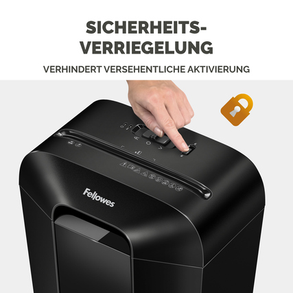 Aktenvernichter mit Sicherheitsverriegelung und Bedienelementen in Nahaufnahme.