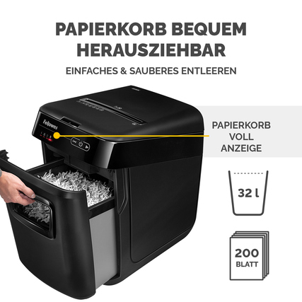 Aktenvernichter mit herausziehbarem Papierkorb, Anzeige für Füllstand und Kapazität von 200 Blatt.