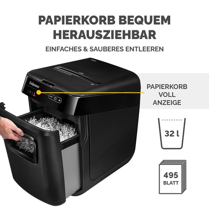 Aktenvernichter mit herausziehbarem Papierkorb und Anzeige für Füllstand, 32 Liter Volumen.