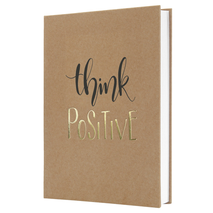 Braunes Hardcover-Notizbuch mit dem Schriftzug "think Positive" auf der Vorderseite.