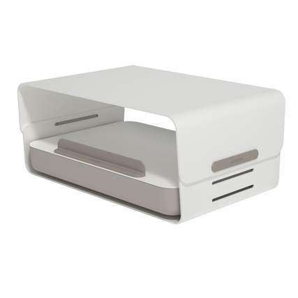 Weißer Monitorständer mit integrierter Toolbox und ergonomischem Design.