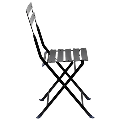 Schwarzer, faltbarer Gartenstuhl mit slatted Design in seitlicher Ansicht.