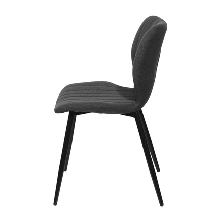 Seitenansicht eines anthrazitfarbenen Besucherstuhls mit gestepptem Bezug und schwarzen Beinen.