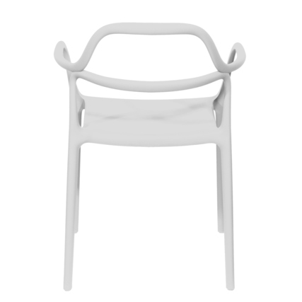 Weißer Gartenstuhl mit geschwungenem Rücken und minimalistischer Form, Rückansicht.
