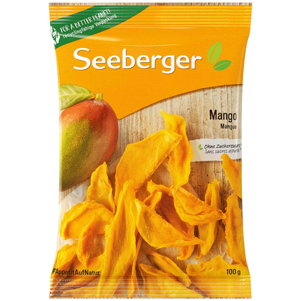 Verpackung von getrockneten Mangostreifen in einer Tüte mit einem Mangoabbild.