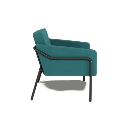 Seitenansicht eines blauen Sessel mit schwarzem Gestell und abnehmbaren Bezug.