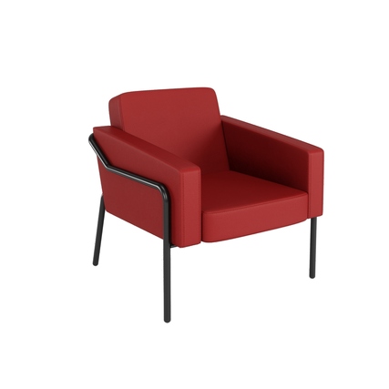 Roter Sessel mit schwarzem Gestell und abnehmbaren Bezug, geeignet für den Innenbereich.