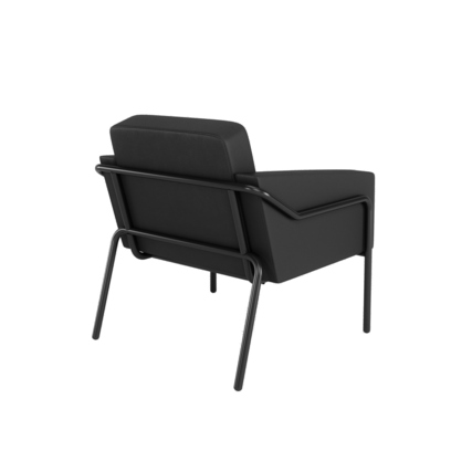 Schwarzer Sessel mit abnehmbarem Bezug und metallischem Gestell, Rückenansicht.
