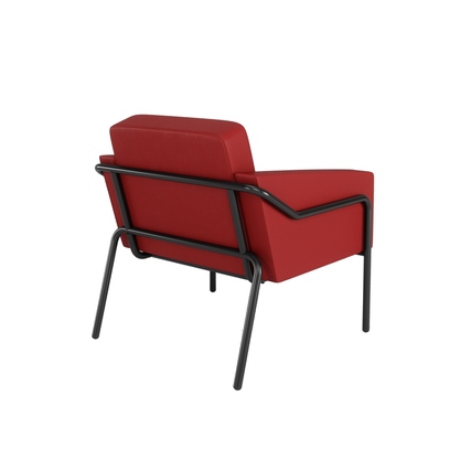 Roter Sessel mit abnehmbarem Bezug und schwarzem Metallgestell, seitliche Rückansicht.