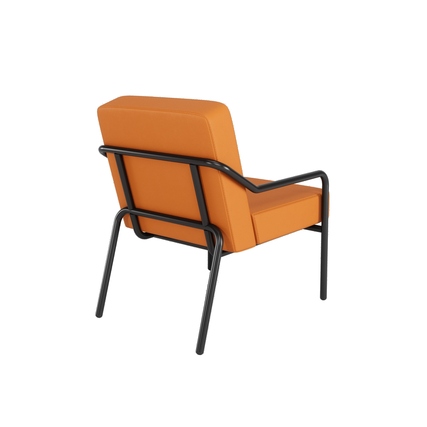 Oranger Sessel mit schwarzem Gestell, von hinten betrachtet, im klassischen Design.