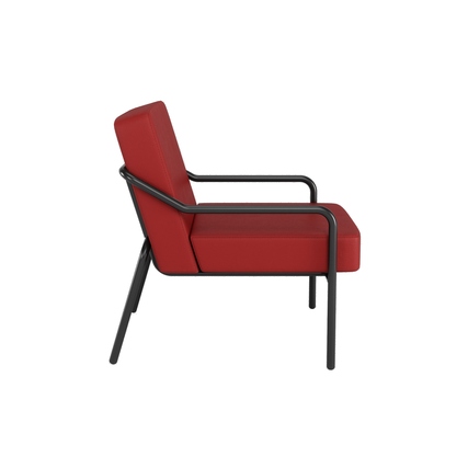 Roter Sessel aus Kunstleder mit schwarzem Gestell in seitlicher Ansicht.