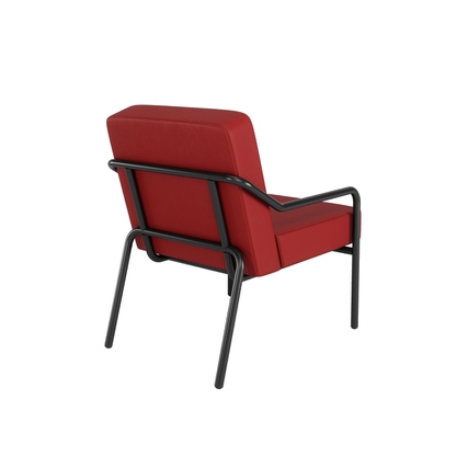 Roter Sessel mit schwarzem Gestell aus Kunstleder, Ansicht von hinten.
