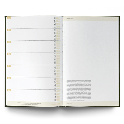 Offene Doppelseite eines Buchkalenders mit wöchentlicher Planung und einem Textfeld.