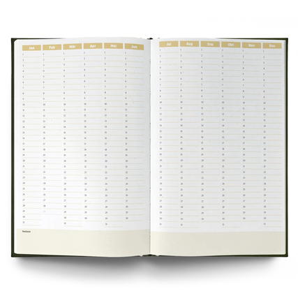 Offene Buchkalender-Doppelseite mit Monaten und Tagen für Terminplanung.