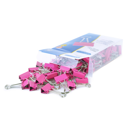 Rosa Foldbackklemmer in durchsichtiger Verpackung, verstreut auf einer Unterlage.