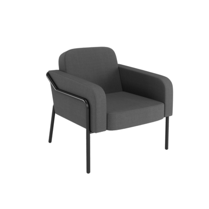 Anthrazitfarbener Sessel mit rundem Design und abnehmbarem Bezug im Innenbereich.