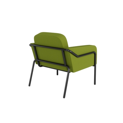 Rückansicht eines grünen Sessel für den Außenbereich mit einem Gestell aus schwarzem Metall.