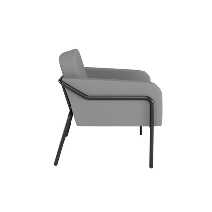 Grauer Outdoor-Sessel mit rundem Design und abnehmbaren Bezug, seitliche Ansicht.