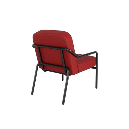 Roter Sessel aus Kunstleder mit schwarzem Gestell, Rückansicht.