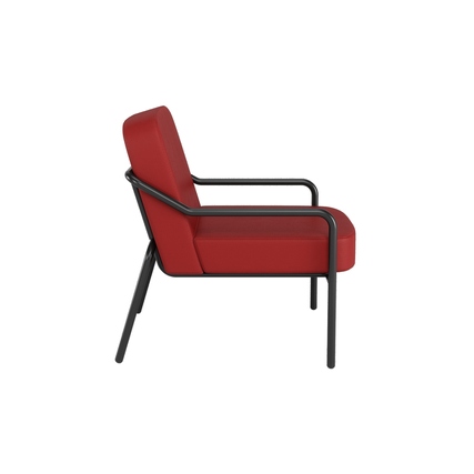 Roter Sessel mit schwarzem Gestell und abgerundeter Form, seitliche Ansicht.