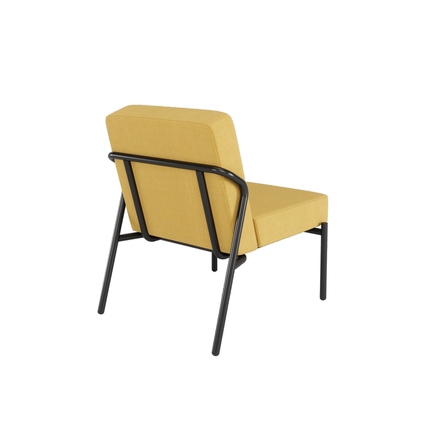 Gelber Sessel aus 100 % Polyester mit einem schwarzen Metallgestell, Rückansicht.