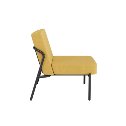 Gelber Sessel aus Polyester in seitlicher Ansicht mit schwarzem Gestell.