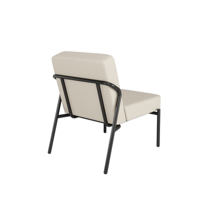 Sessel in cremefarbenem Kunstleder mit schwarzem Gestell, von hinten betrachtet.