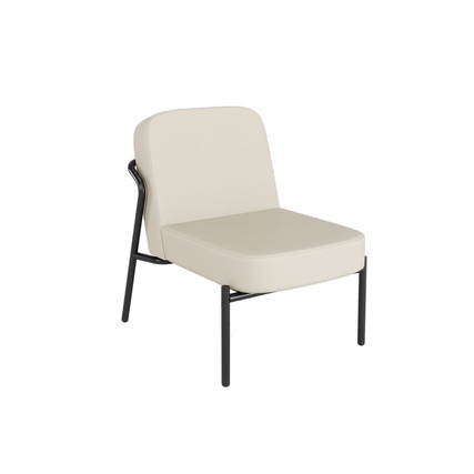 Runder, moderner Sessel in cremefarbenem Kunstleder mit schwarzem Metallgestell.
