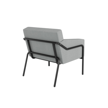 Grau gepolsterter Sessel mit schwarzem Metallgestell, Rückansicht.