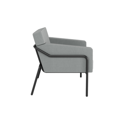 Grauer Sessel mit abnehmbarem Bezug, Sicht von der Seite mit schwarzem Metallgestell.