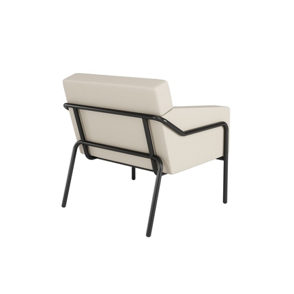 Beige Kunstledersessel mit schwarzem Gestell, Rückenansicht, für den Innenbereich.