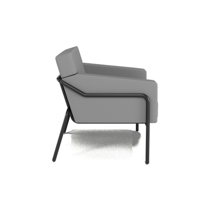 Grau umhüllter Sessel mit schwarzem Gestell aus Polypropylen, seitliche Ansicht.