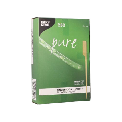 Bambus-Spieße in einer grünen Verpackung mit der Aufschrift "pure" und "250 Stück".