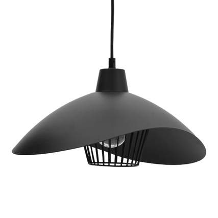 Schwarz lackierte Deckenleuchte mit schirmförmigem Design und offener Glühbirnenhalterung.