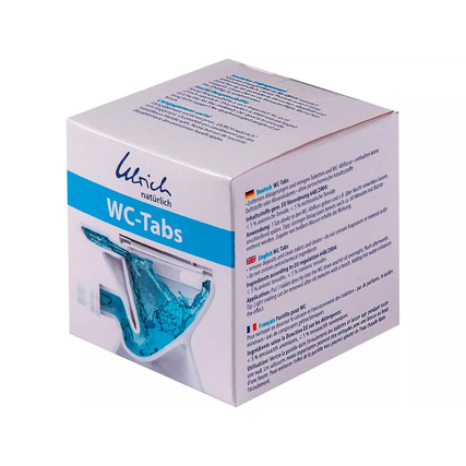 Weißer Karton mit WC-Reinigungs-Tabs und Anwendungshinweisen auf der Vorderseite.
