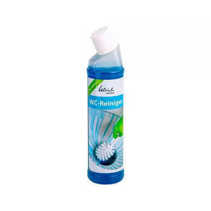 Flasche mit WC-Reiniger in blauer Verpackung und Schräghals, sichtbare Anwendung unter dem Rand.