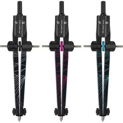 Drei Schnellverstellzirkel in verschiedenen Farben mit geometrischem Muster auf dem Körper.