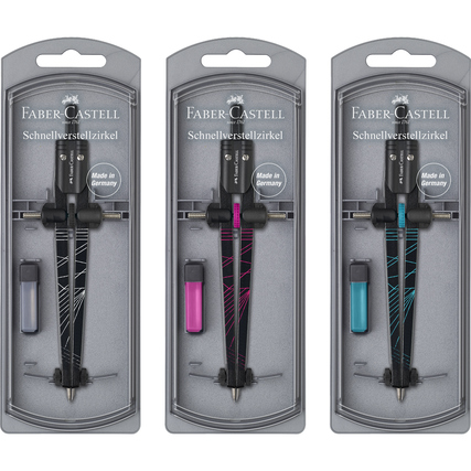 Drei Schnellverstellzirkel in unterschiedlichen Farben, jeweils in transparenter Blisterverpackung.